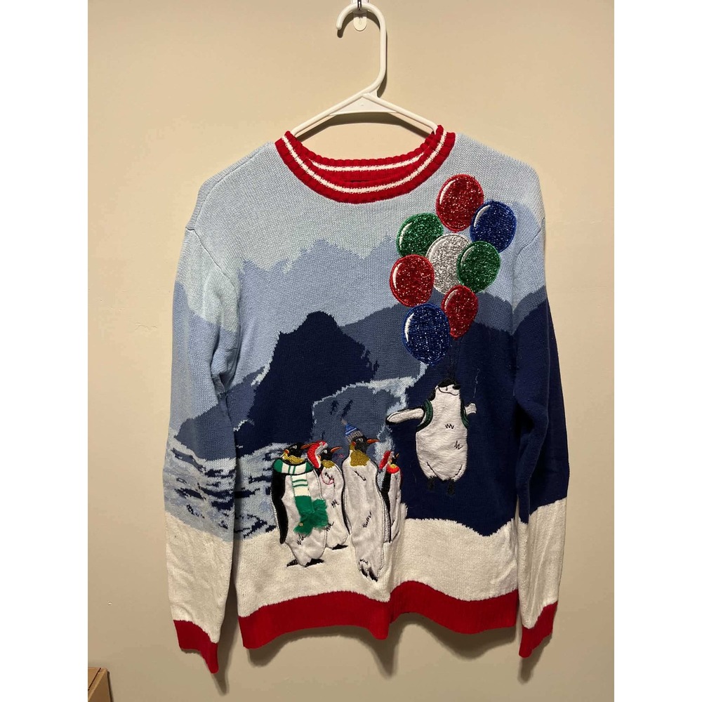 Blizzard Bay Womens Penguin Balloon Ugly Christmas Sweater Blue Red Small